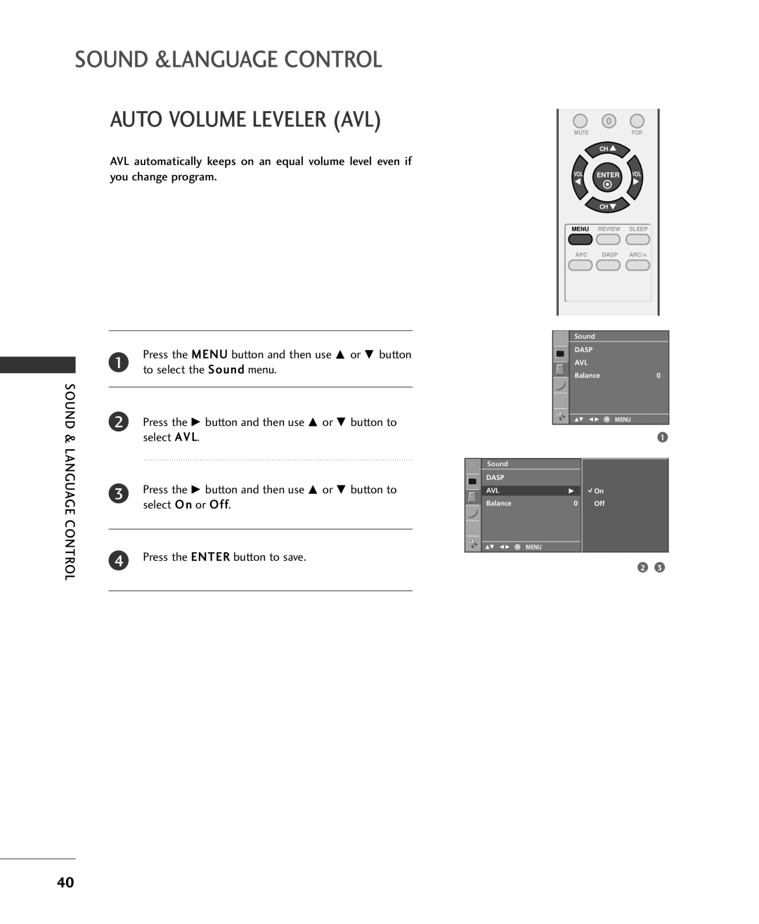 Univex MFL34797015, 20LS1RA, 15LS1RA owner manual Sound &LANGUAGE Control, Auto Volume Leveler AVL 