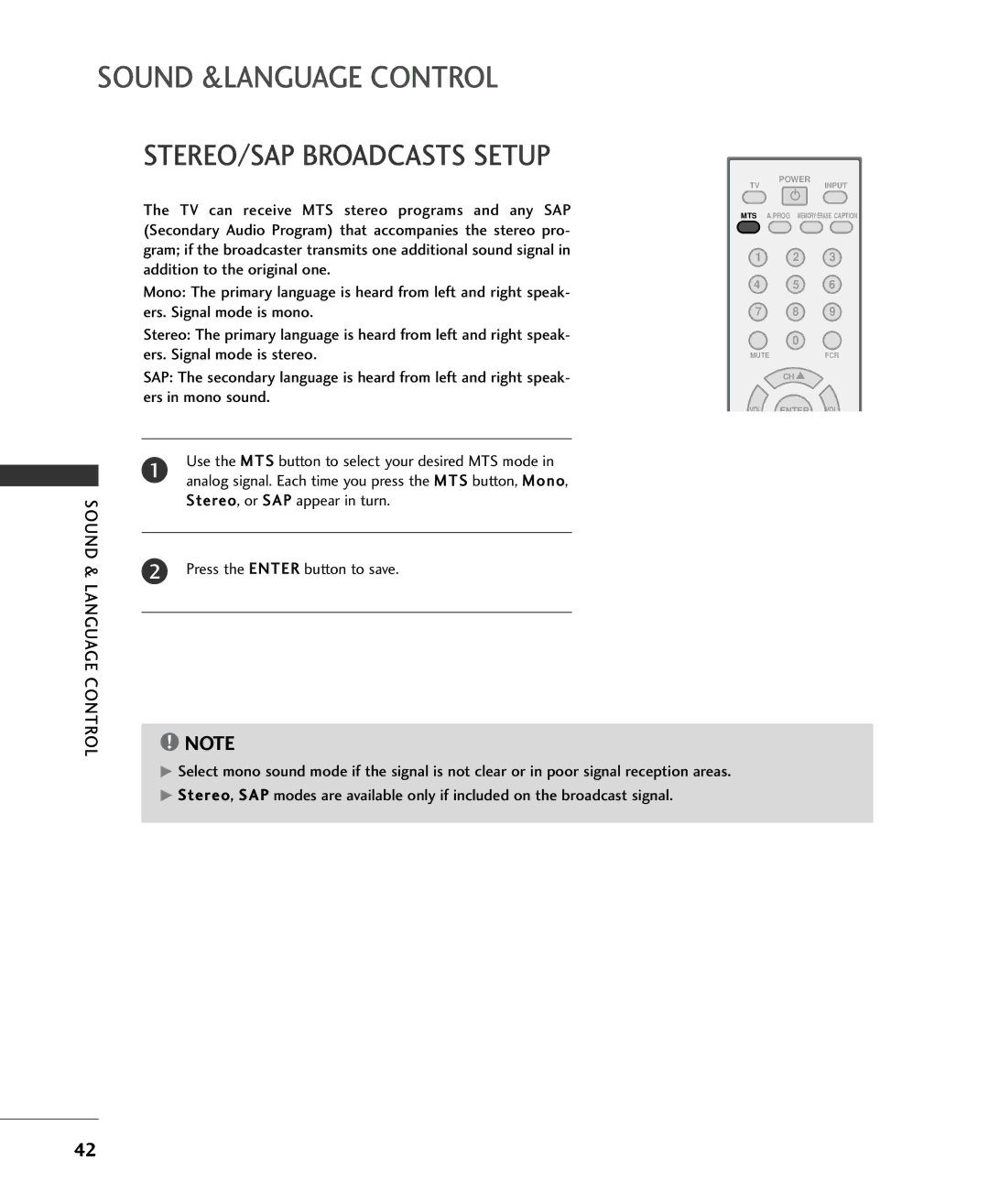 Univex 15LS1RA, MFL34797015, 20LS1RA owner manual STEREO/SAP Broadcasts Setup, Sound, Language Control 