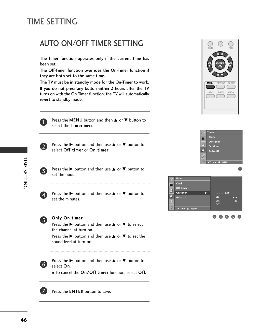 Univex MFL34797015, 20LS1RA, 15LS1RA owner manual Time Setting, Auto ON/OFF Timer Setting, Set the hour, Only On timer 