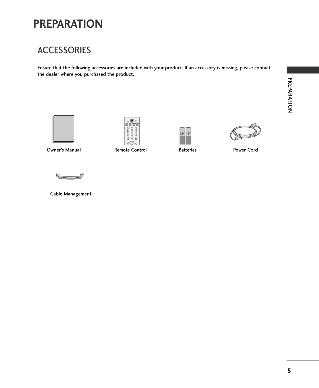 Univex 20LS1RA, MFL34797015, 15LS1RA owner manual Preparation, Accessories, Remote Control Batteries, Cable Management 