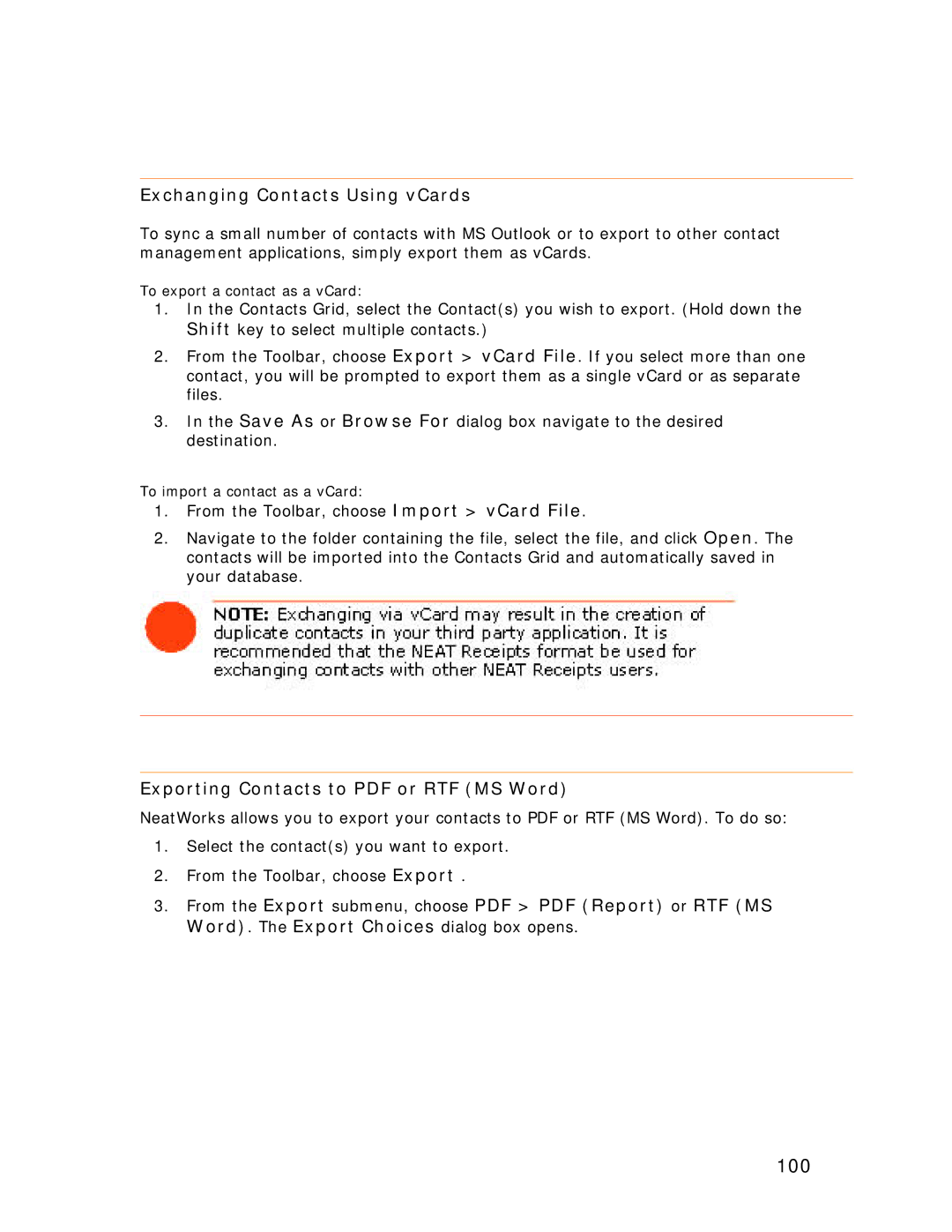 Univex NeatReceipts, NeatScan, NeatDesk manual 100, Exchanging Contacts Using vCards 