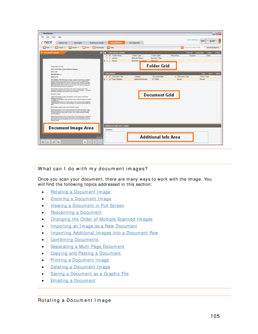 Univex NeatScan, NeatReceipts, NeatDesk manual 105, What can I do with my document images?, Rotating a Document Image 