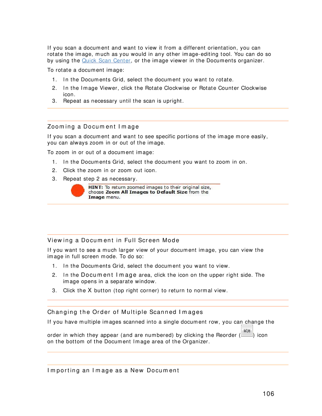 Univex NeatReceipts, NeatScan, NeatDesk manual 106, Zooming a Document Image, Viewing a Document in Full Screen Mode 