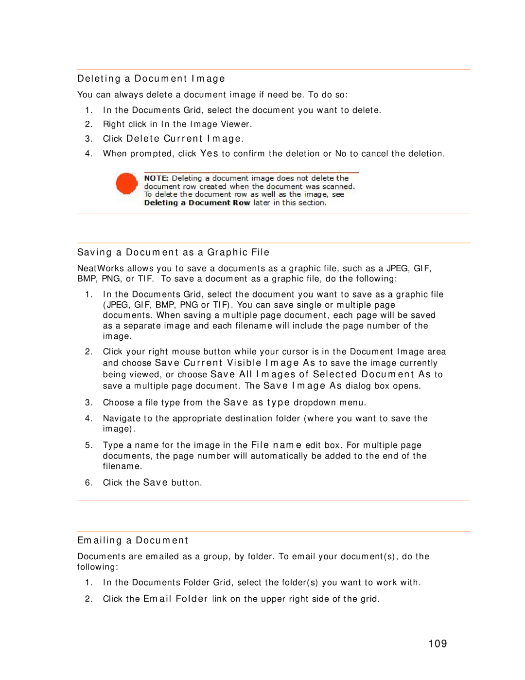 Univex NeatReceipts manual 109, Deleting a Document Image, Click Delete Current Image, Saving a Document as a Graphic File 