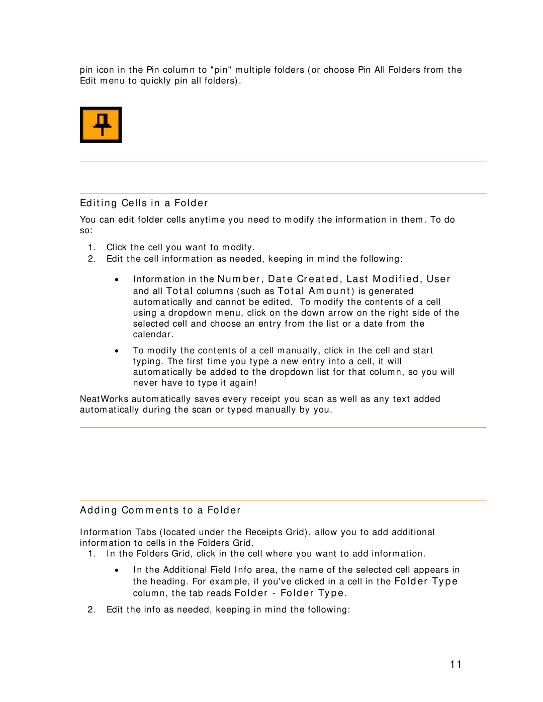 Univex NeatDesk, NeatScan, NeatReceipts manual Editing Cells in a Folder, Adding Comments to a Folder 