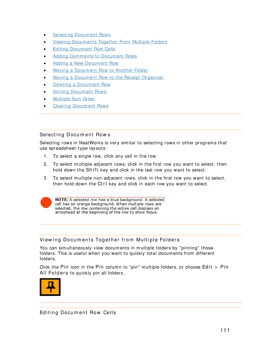 Univex NeatScan 111, Selecting Document Rows, Viewing Documents Together from Multiple Folders, Editing Document Row Cells 