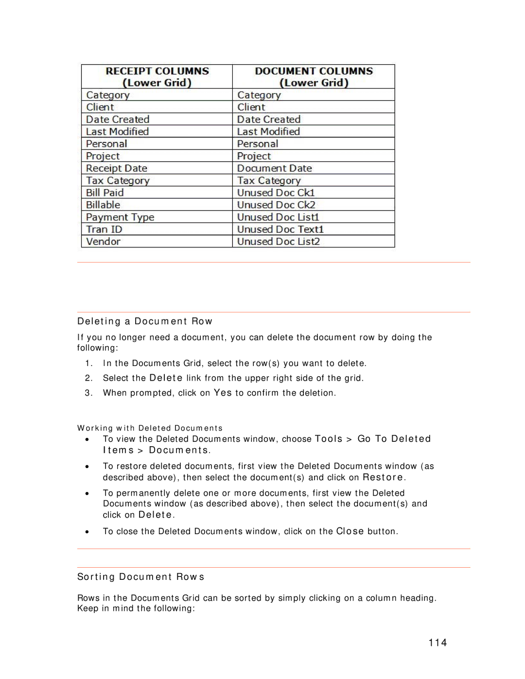 Univex NeatScan, NeatReceipts, NeatDesk manual 114, Deleting a Document Row, Sorting Document Rows 