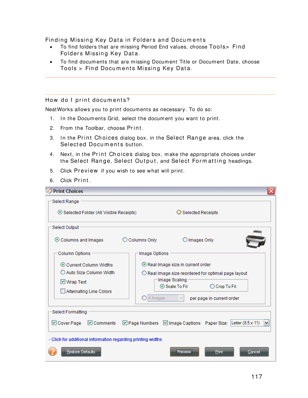 Univex NeatScan, NeatReceipts, NeatDesk 117, Finding Missing Key Data in Folders and Documents, Selected Documents button 