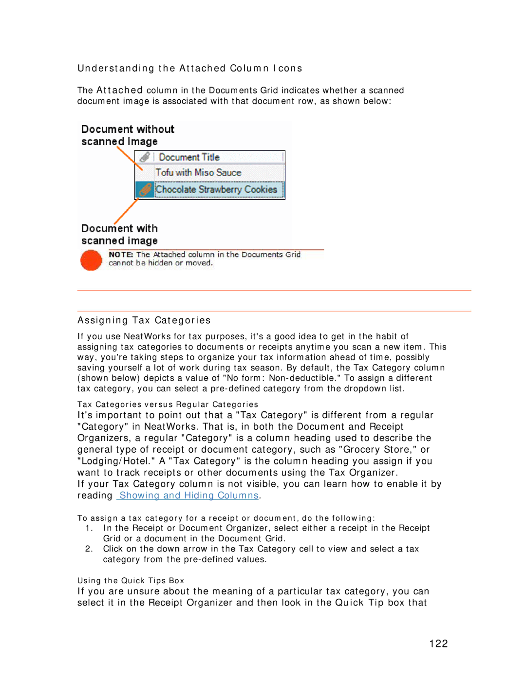 Univex NeatDesk, NeatScan, NeatReceipts manual 122, Understanding the Attached Column Icons 