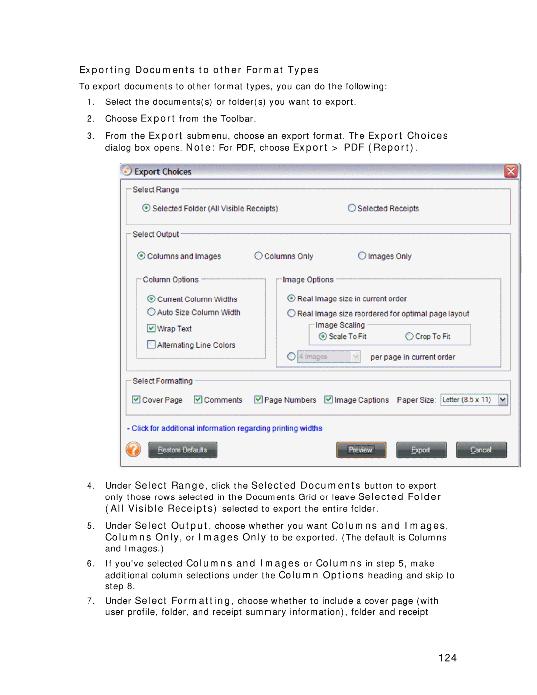 Univex NeatReceipts, NeatScan, NeatDesk manual 124, Exporting Documents to other Format Types 