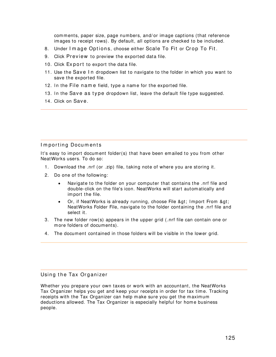 Univex NeatDesk, NeatScan, NeatReceipts manual 125, Importing Documents, Using the Tax Organizer 