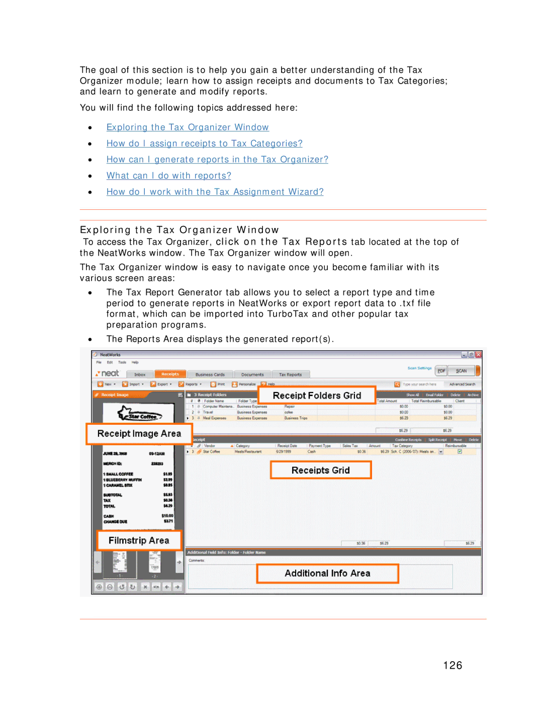 Univex NeatScan, NeatReceipts, NeatDesk manual 126, Exploring the Tax Organizer Window 