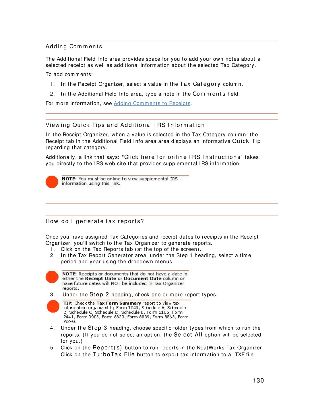 Univex NeatReceipts, NeatScan, NeatDesk manual 130, Adding Comments, Viewing Quick Tips and Additional IRS Information 