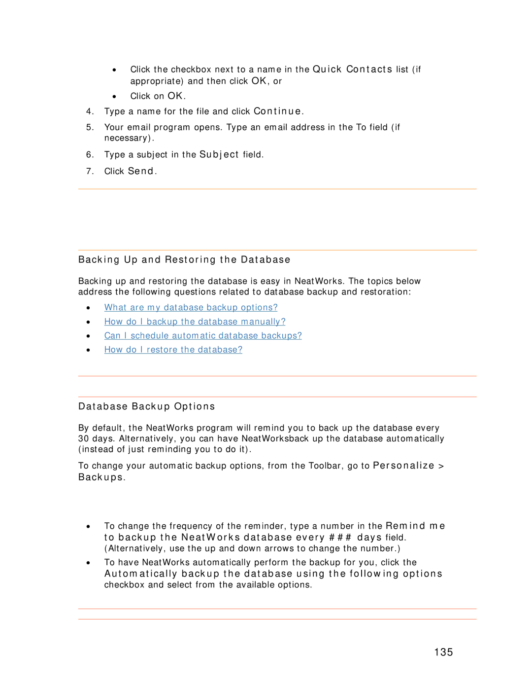 Univex NeatScan, NeatReceipts manual 135, BackingTUp and Restoring the DatabaseT, DatabaseTBackup OptionsT, BackupsTT.TTT 