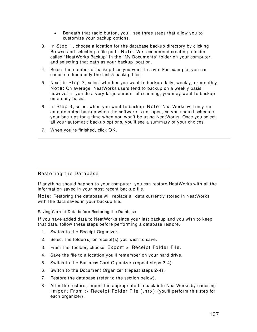 Univex NeatDesk, NeatScan manual 137, RestoringTthe DatabaseT, From the Toolber, choose T Export Receipt Folder File.T 