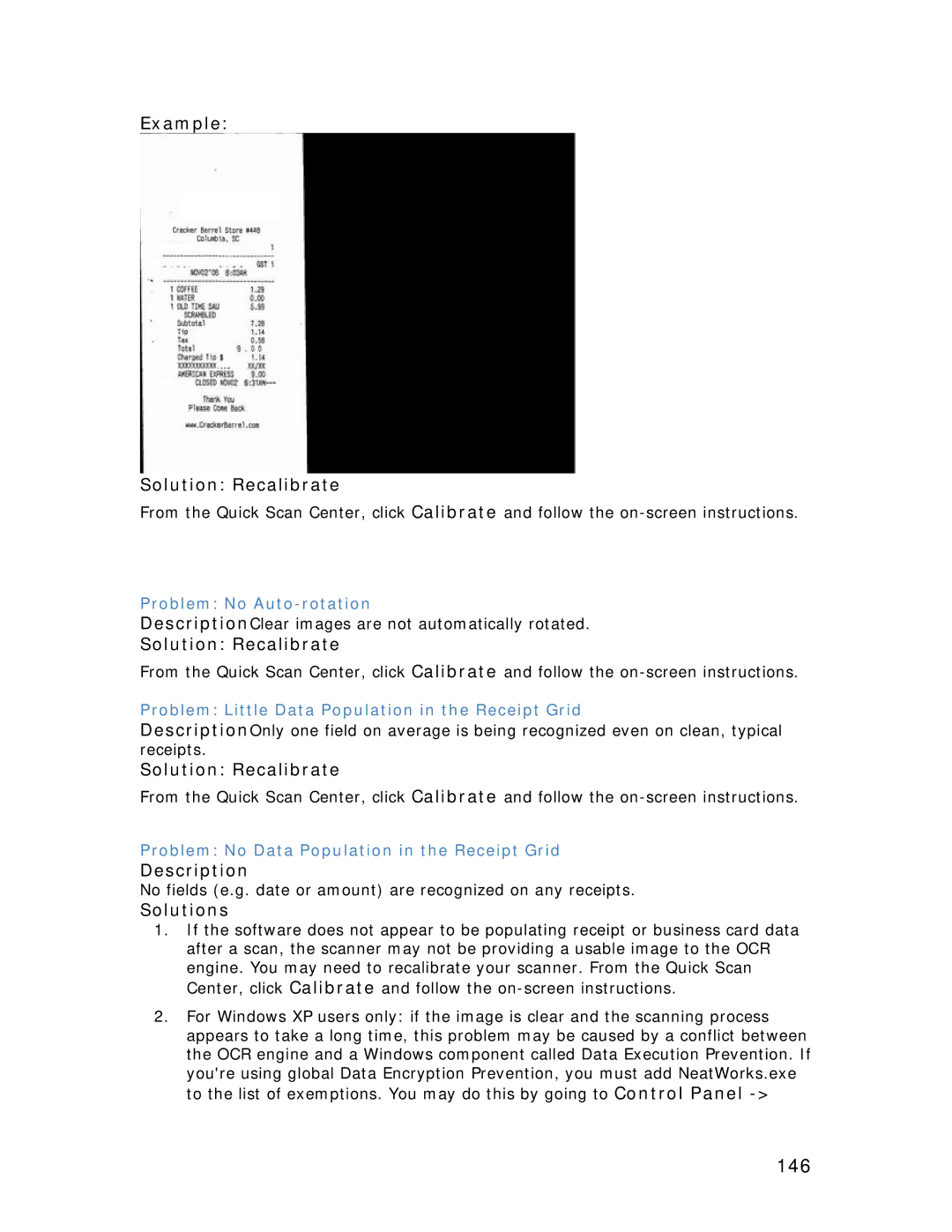 Univex NeatDesk, NeatScan, NeatReceipts manual 146, ExampleTT SolutionTRecalibrateT, DescriptionTT, SolutionsTT 