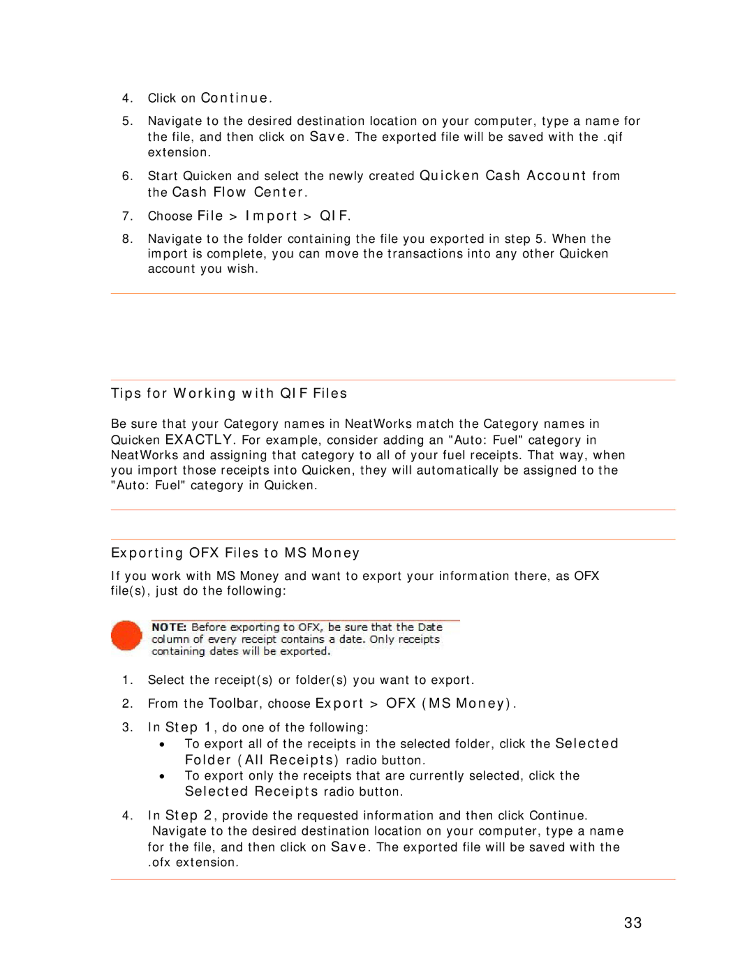 Univex NeatScan, NeatReceipts Choose File Import QIF, Tips for Working with QIF Files, Exporting OFX Files to MS Money 