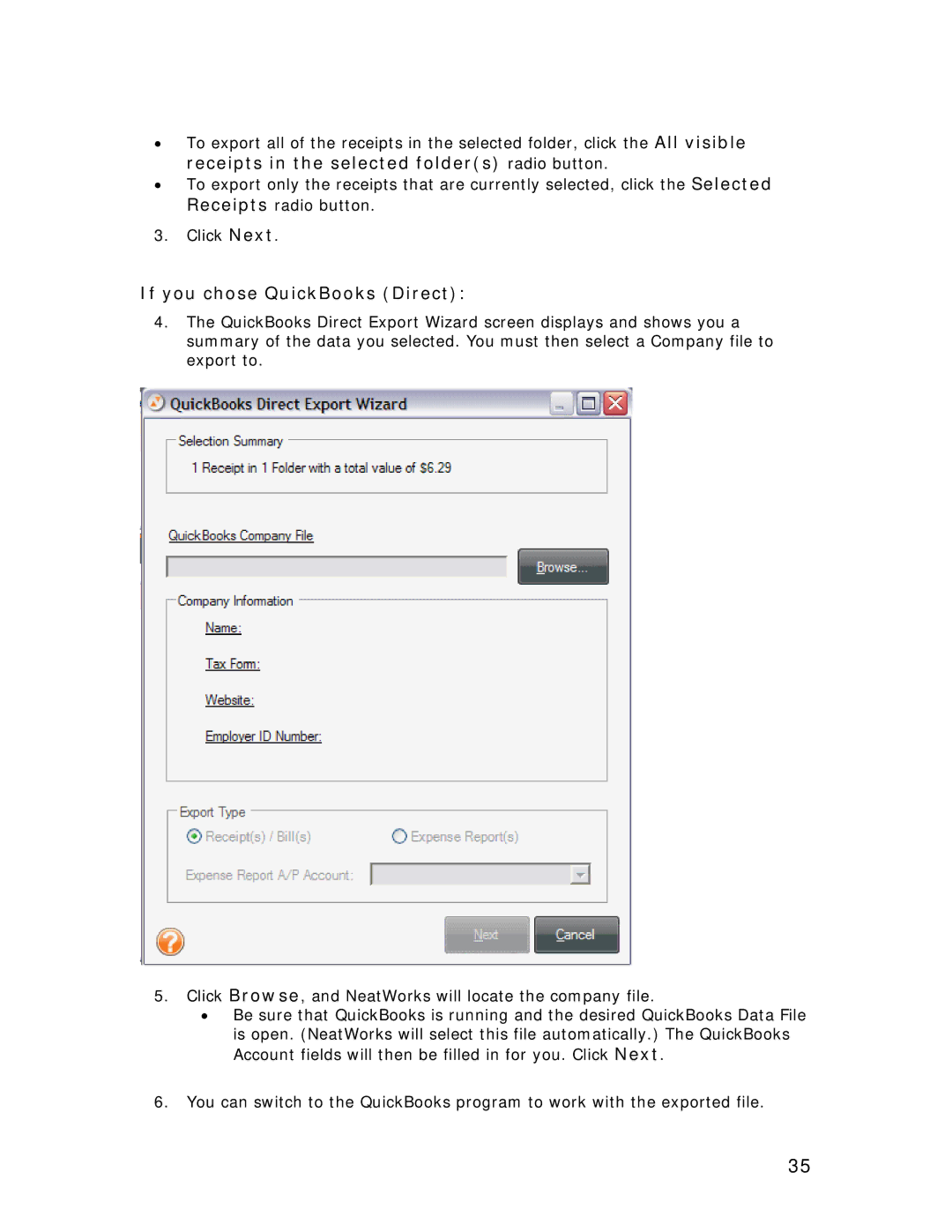 Univex NeatDesk, NeatScan, NeatReceipts manual If you chose QuickBooks Direct 