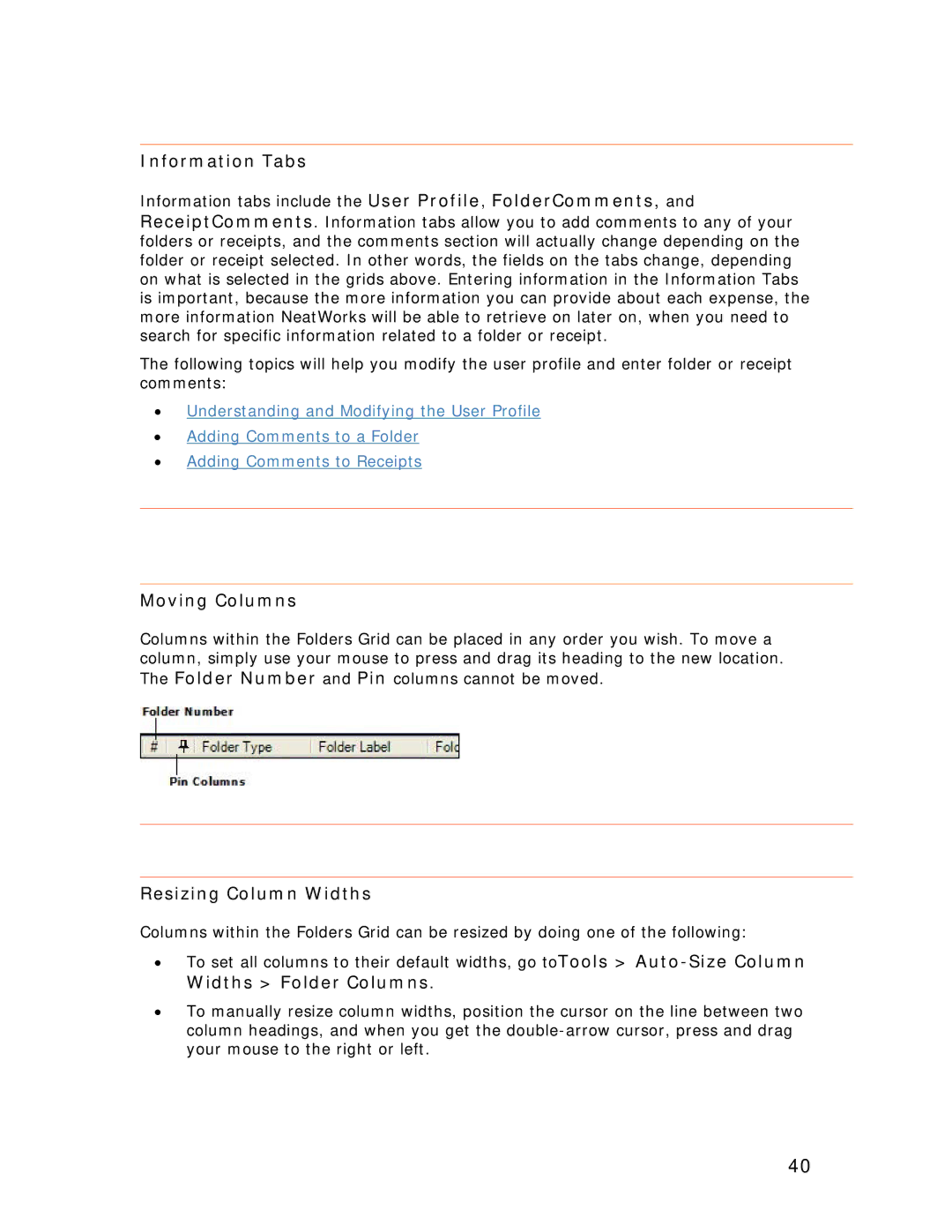 Univex NeatReceipts, NeatScan, NeatDesk manual Information Tabs, Moving Columns, Resizing Column Widths 