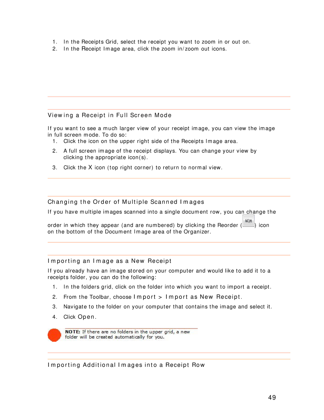 Univex NeatReceipts, NeatScan manual Viewing a Receipt in Full Screen Mode, Changing the Order of Multiple Scanned Images 