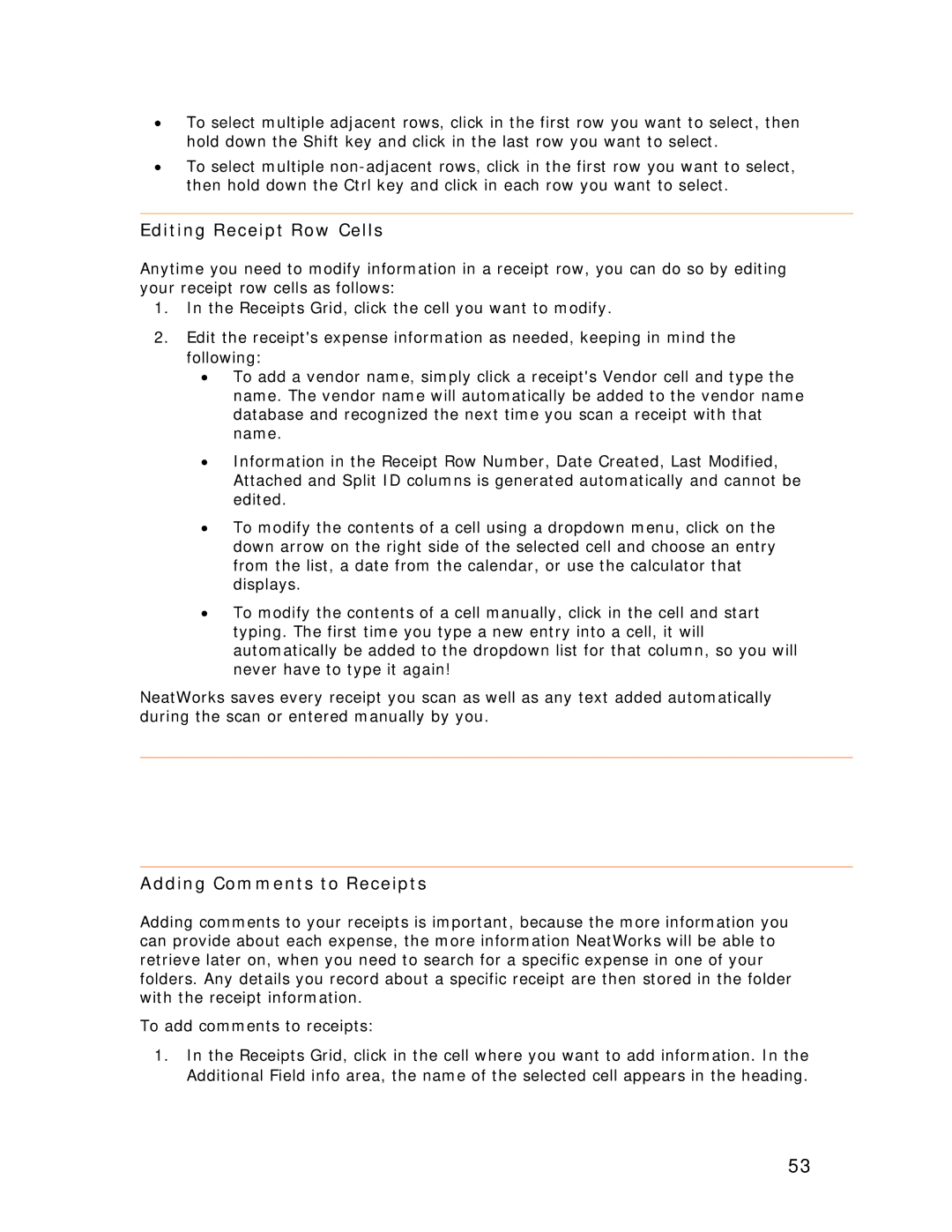 Univex NeatDesk, NeatScan, NeatReceipts manual Editing Receipt Row Cells, Adding Comments to Receipts 