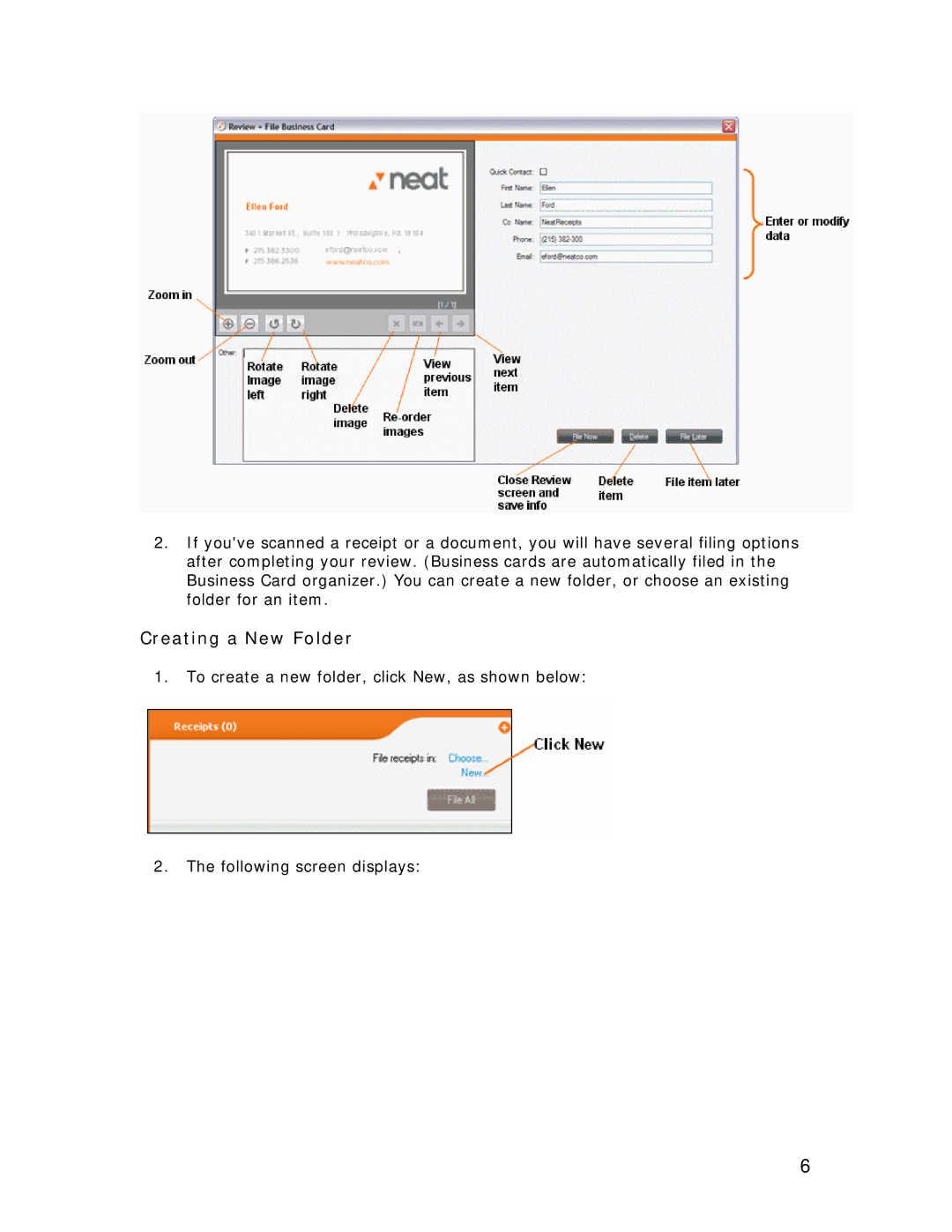 Univex NeatScan, NeatReceipts, NeatDesk manual Creating a New Folder 