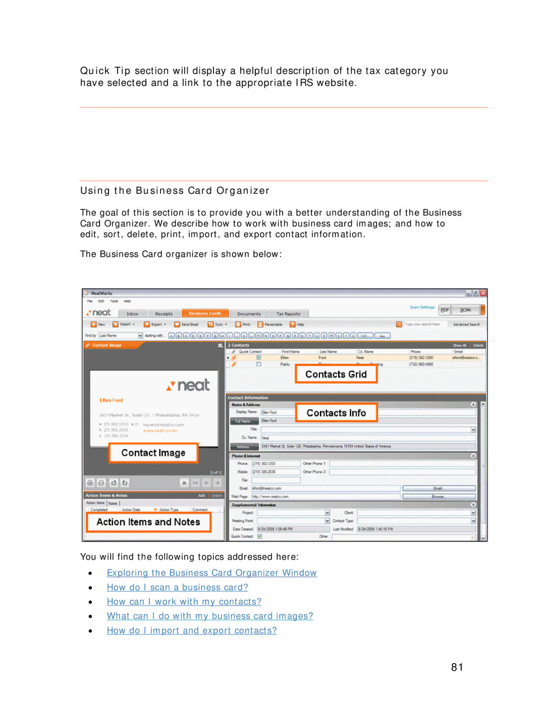 Univex NeatScan, NeatReceipts, NeatDesk manual Using the Business Card Organizer 