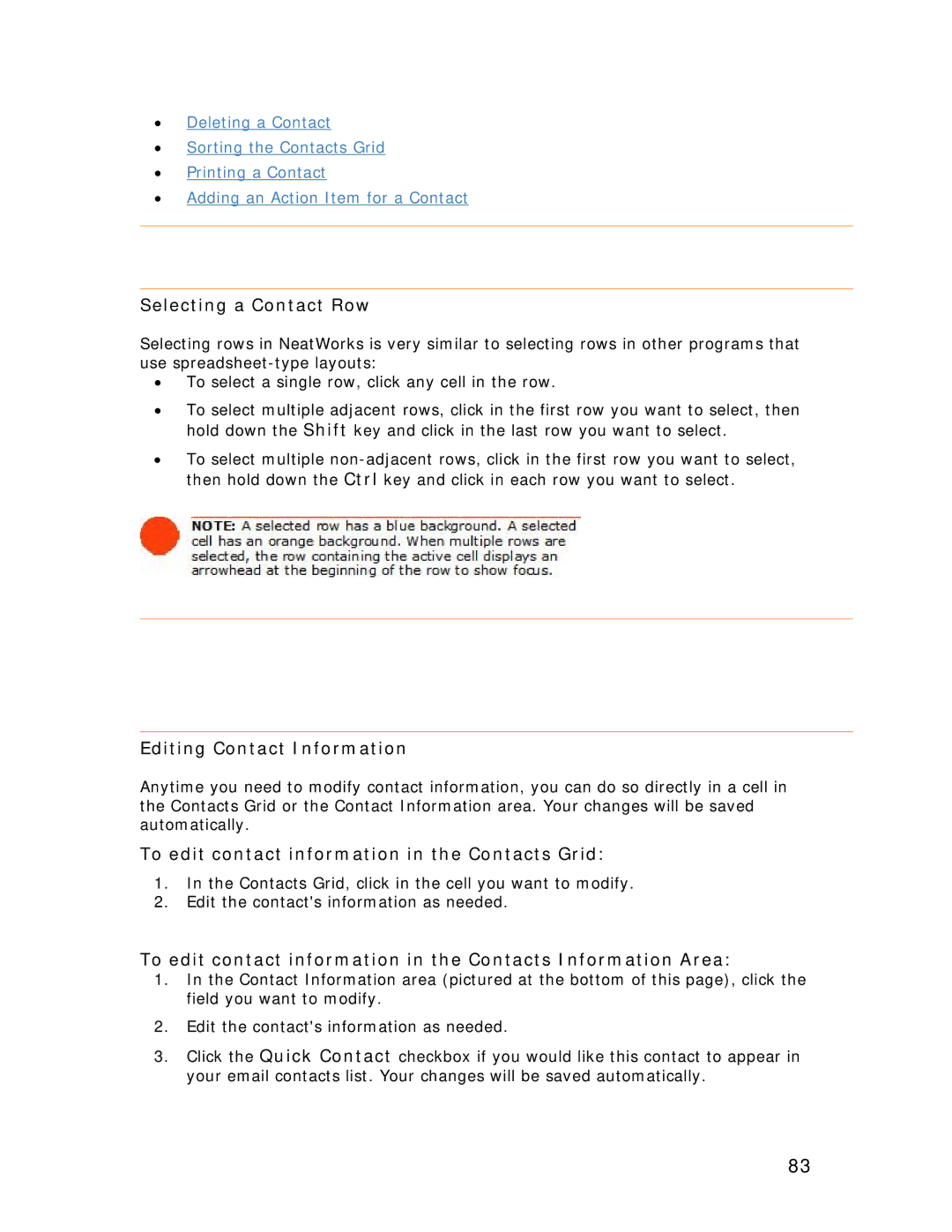 Univex NeatDesk Selecting a Contact Row, Editing Contact Information, To edit contact information in the Contacts Grid 