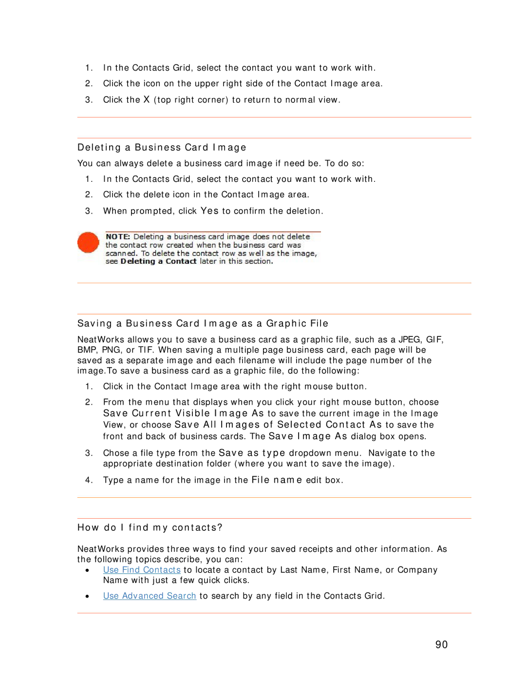 Univex NeatScan Deleting a Business Card Image, Saving a Business Card Image as a Graphic File, How do I find my contacts? 