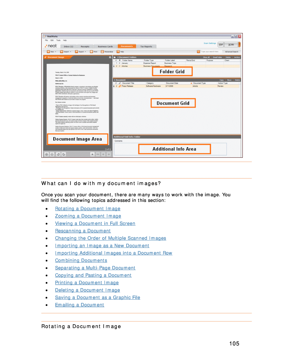 Univex NeatScan What can I do with my document images?, Rotating a Document Image, Importing an Image as a New Document 