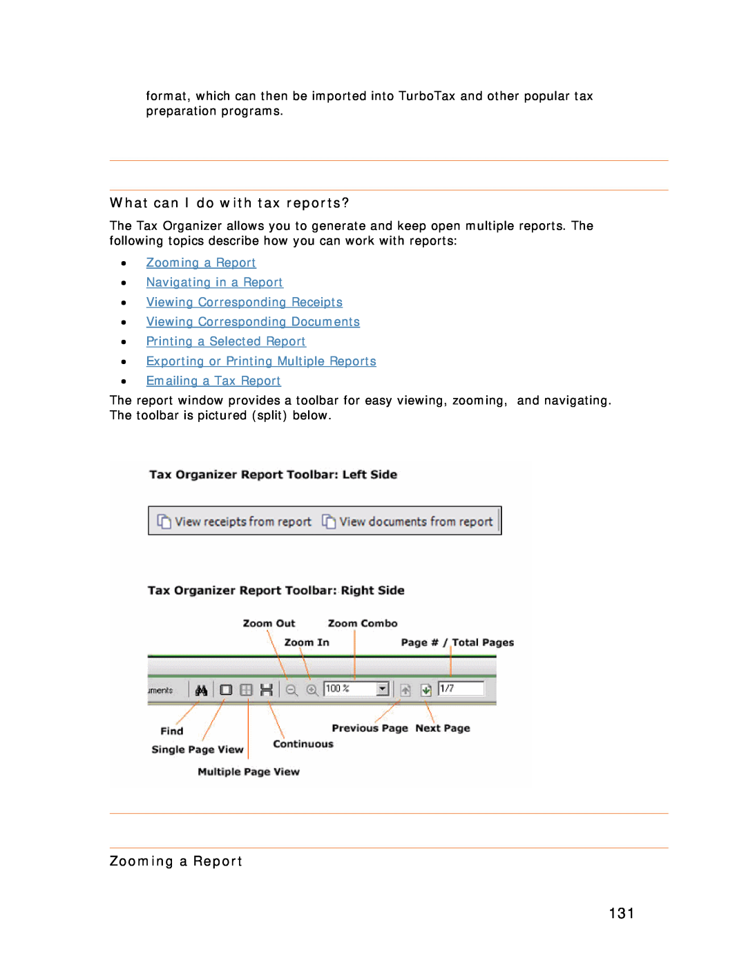 Univex NeatDesk manual What can I do with tax reports?, Zooming a Report Navigating in a Report, Emailing a Tax Report 