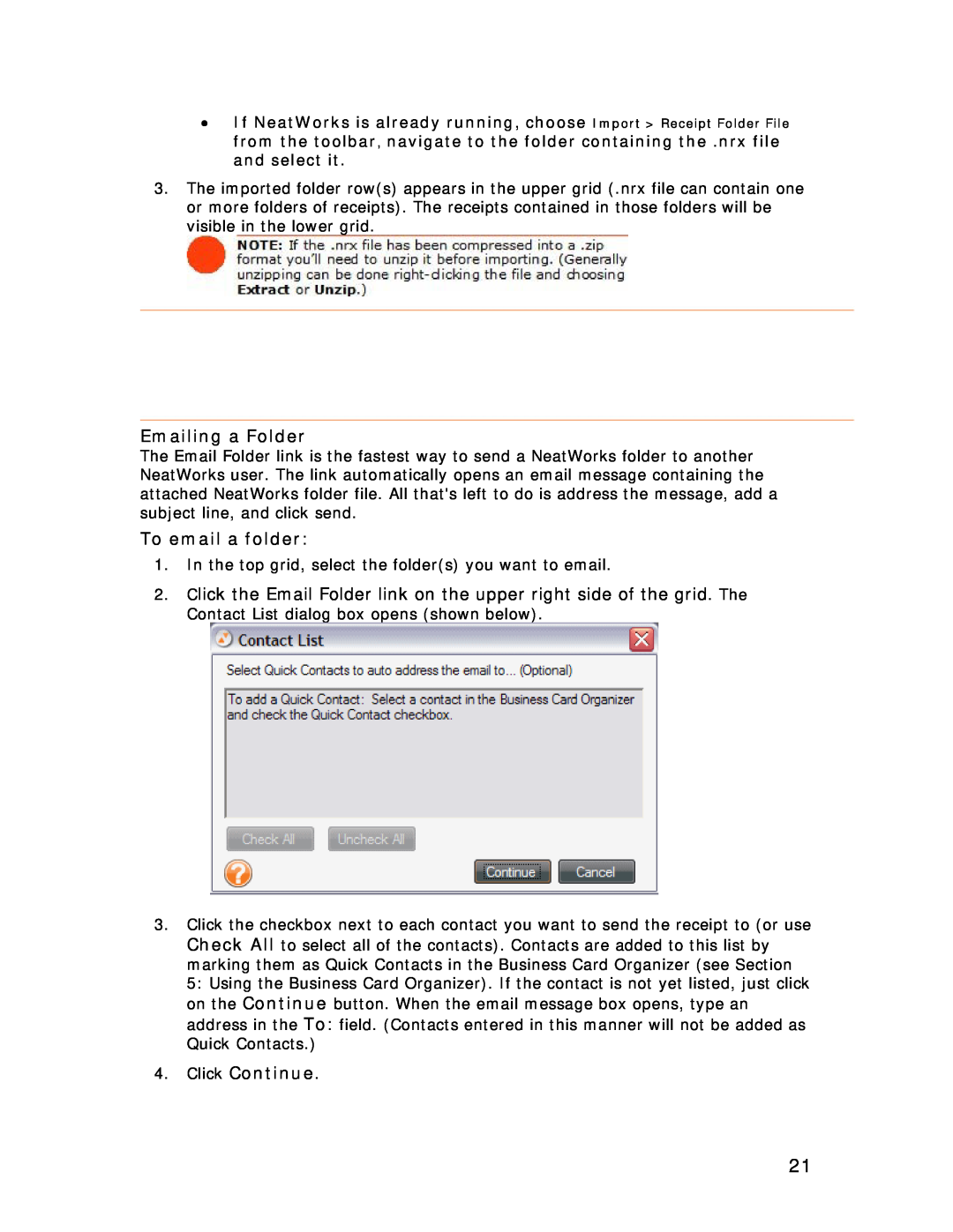 Univex NeatScan, NeatReceipts, NeatDesk manual Emailing a Folder, To email a folder, Click Continue 