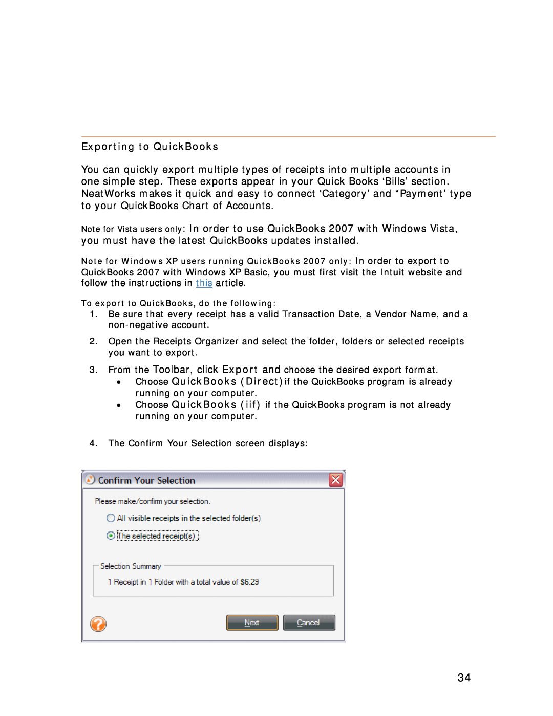 Univex NeatReceipts, NeatScan, NeatDesk manual Exporting to QuickBooks 