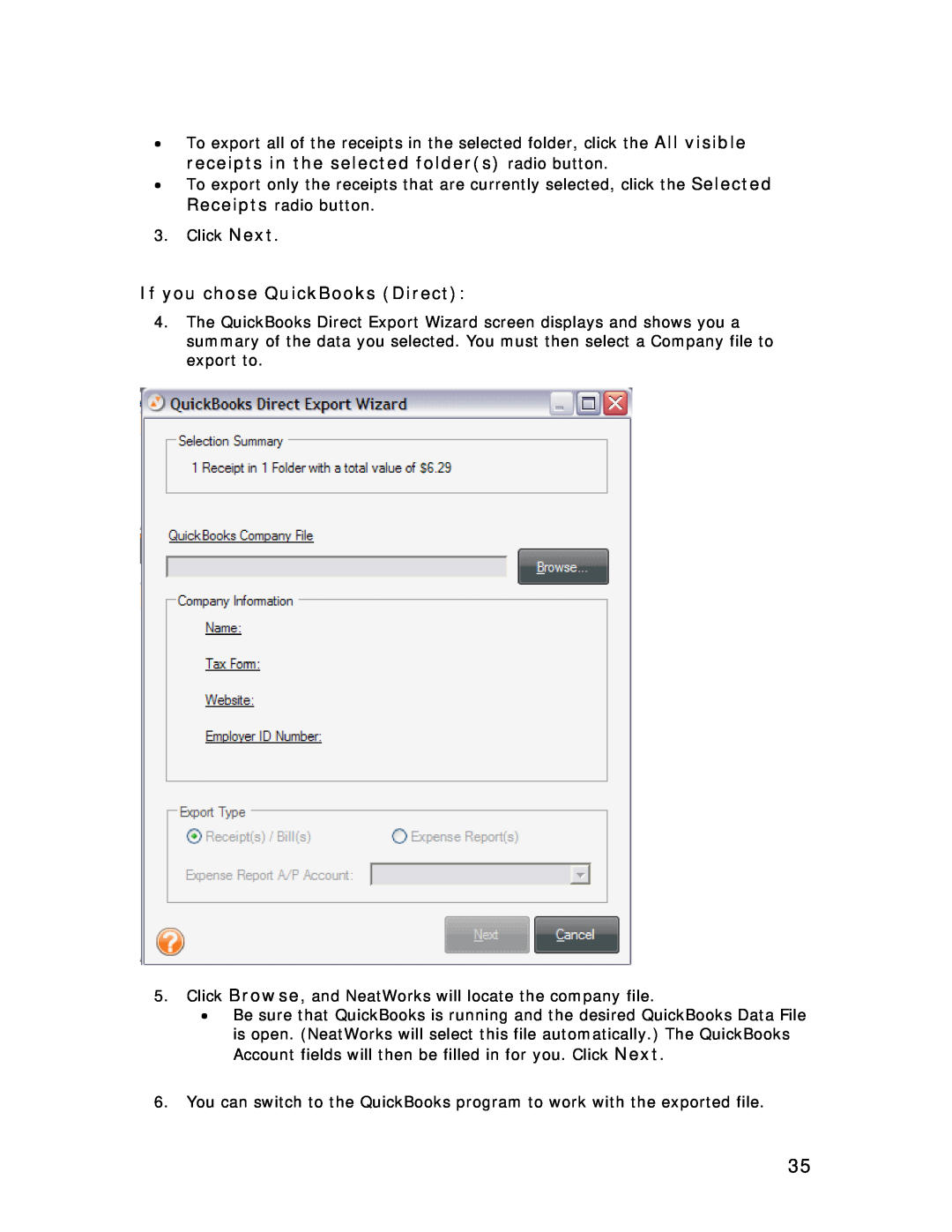 Univex NeatDesk, NeatScan, NeatReceipts manual If you chose QuickBooks Direct 