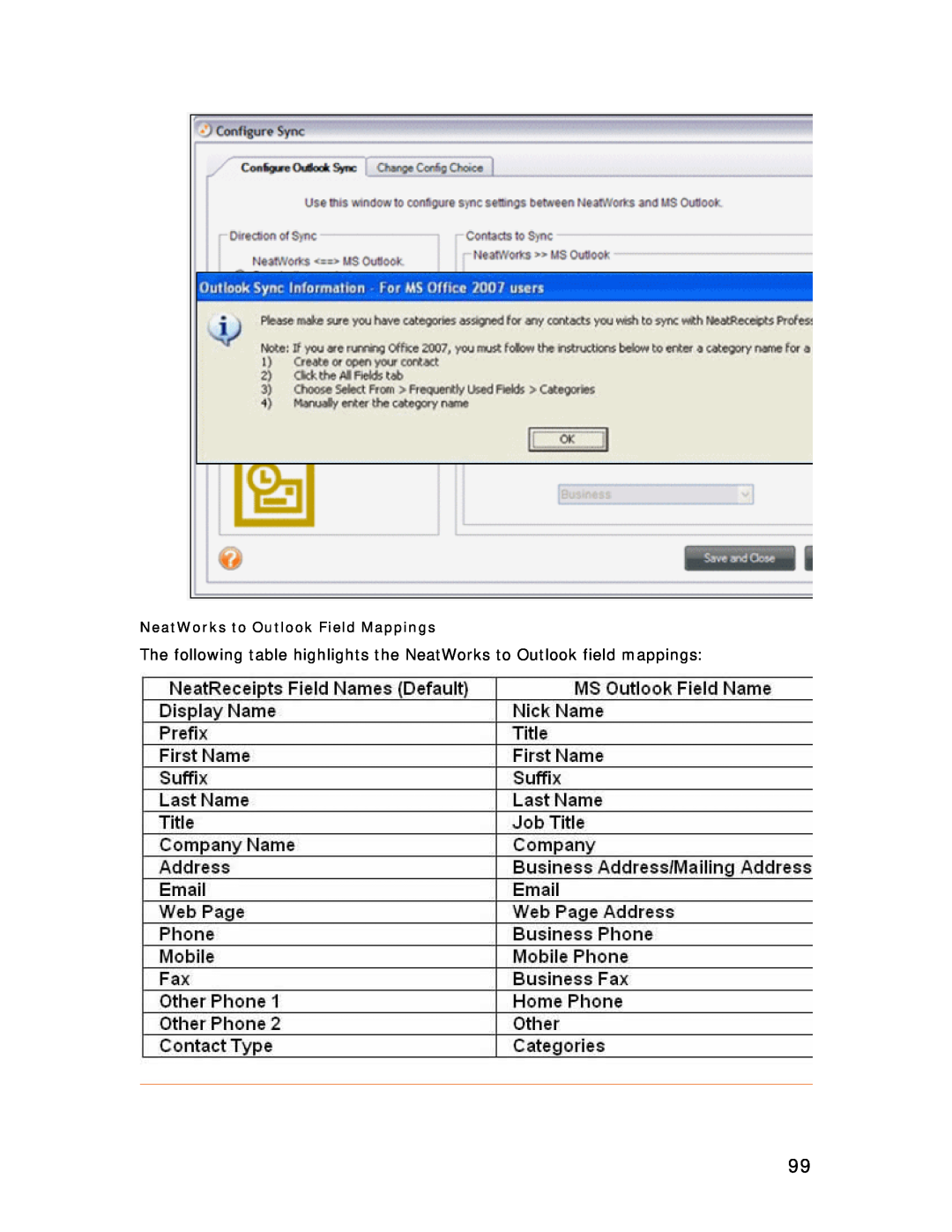 Univex NeatScan, NeatReceipts, NeatDesk manual NeatWorks to Outlook Field Mappings 