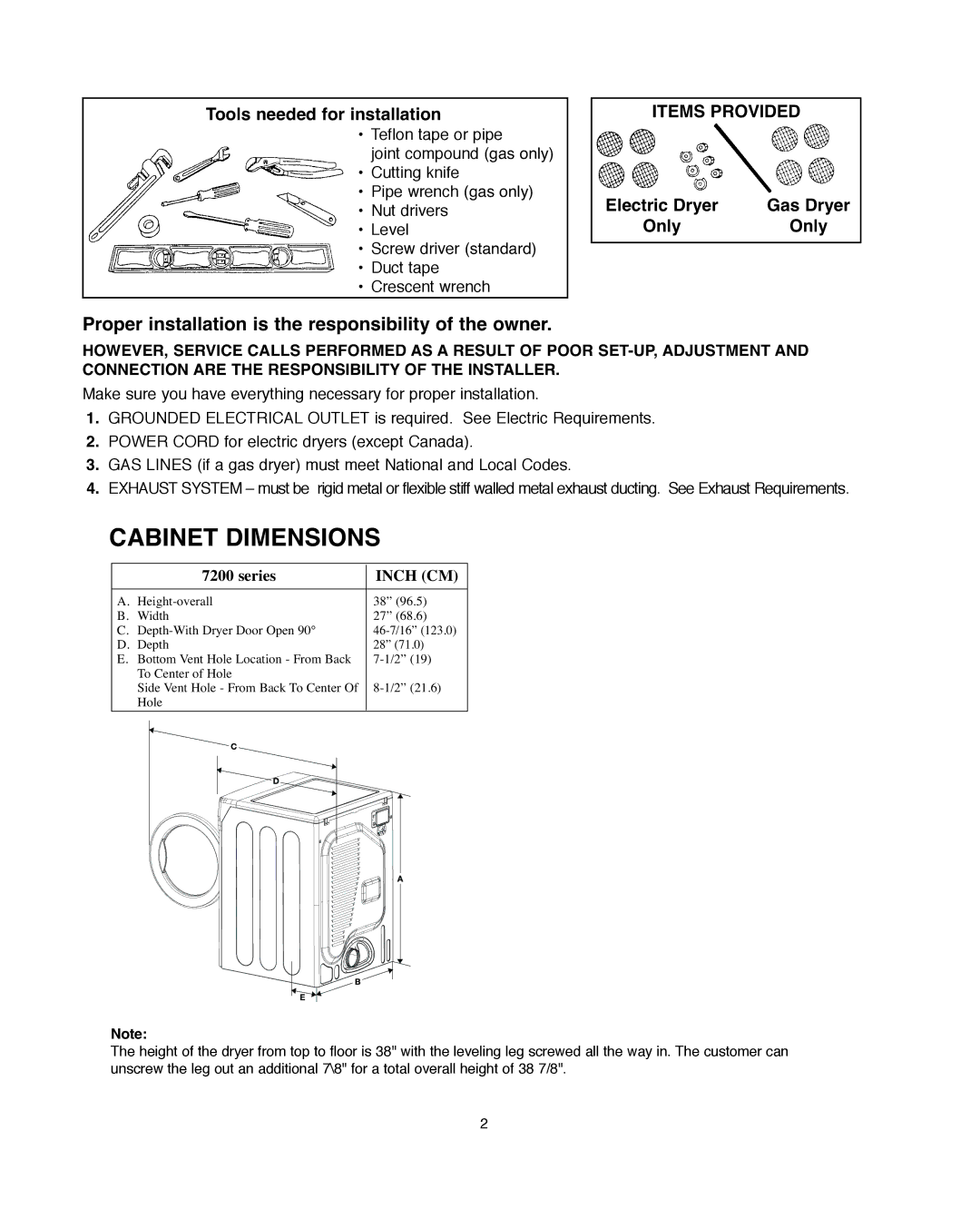 Univex NED7200TW Cabinet Dimensions, Tools needed for installation, Items Provided, Electric Dryer Gas Dryer Only 