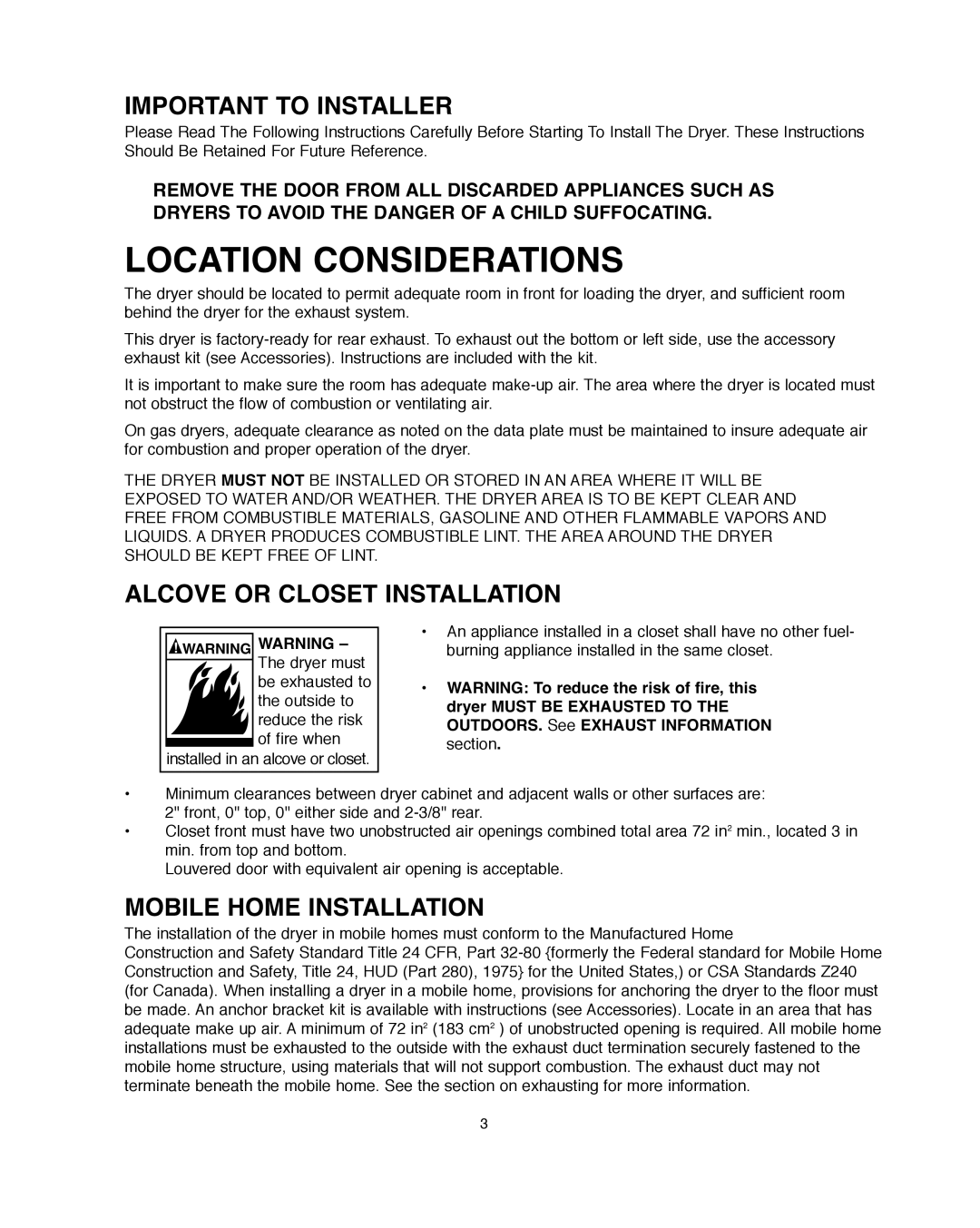 Univex NED7200TW installation instructions Important to Installer, Alcove or Closet Installation, Mobile Home Installation 