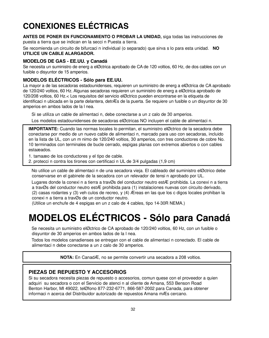 Univex NED7200TW Conexiones Eléctricas, Modelos DE GAS EE.UU. y Canadá, Modelos Eléctricos Sólo para EE.UU 