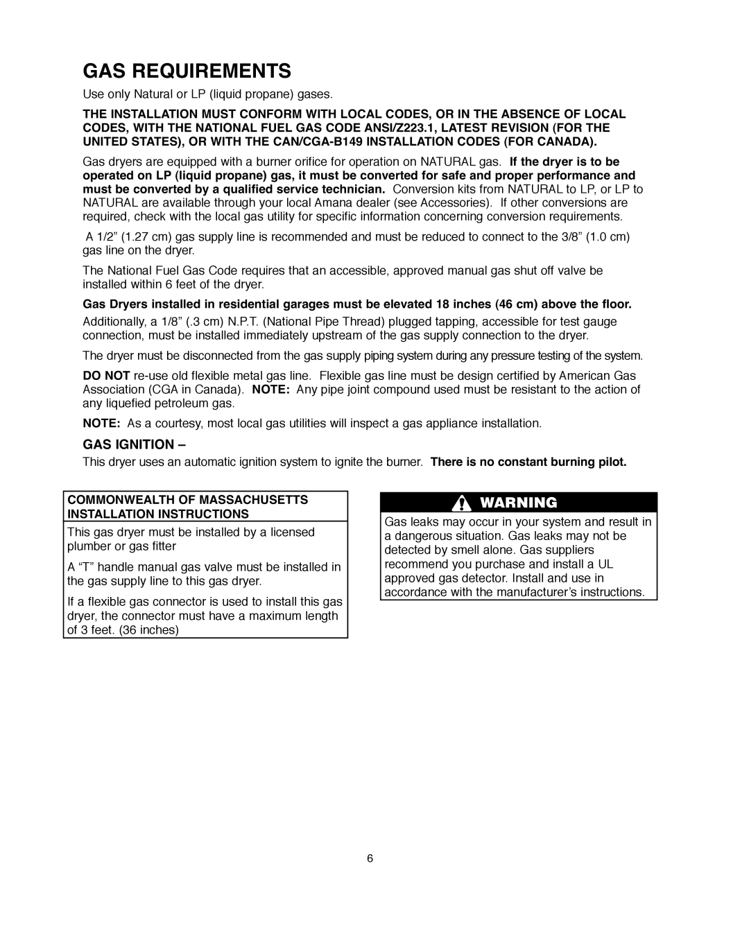 Univex NED7200TW installation instructions GAS Requirements, GAS Ignition 