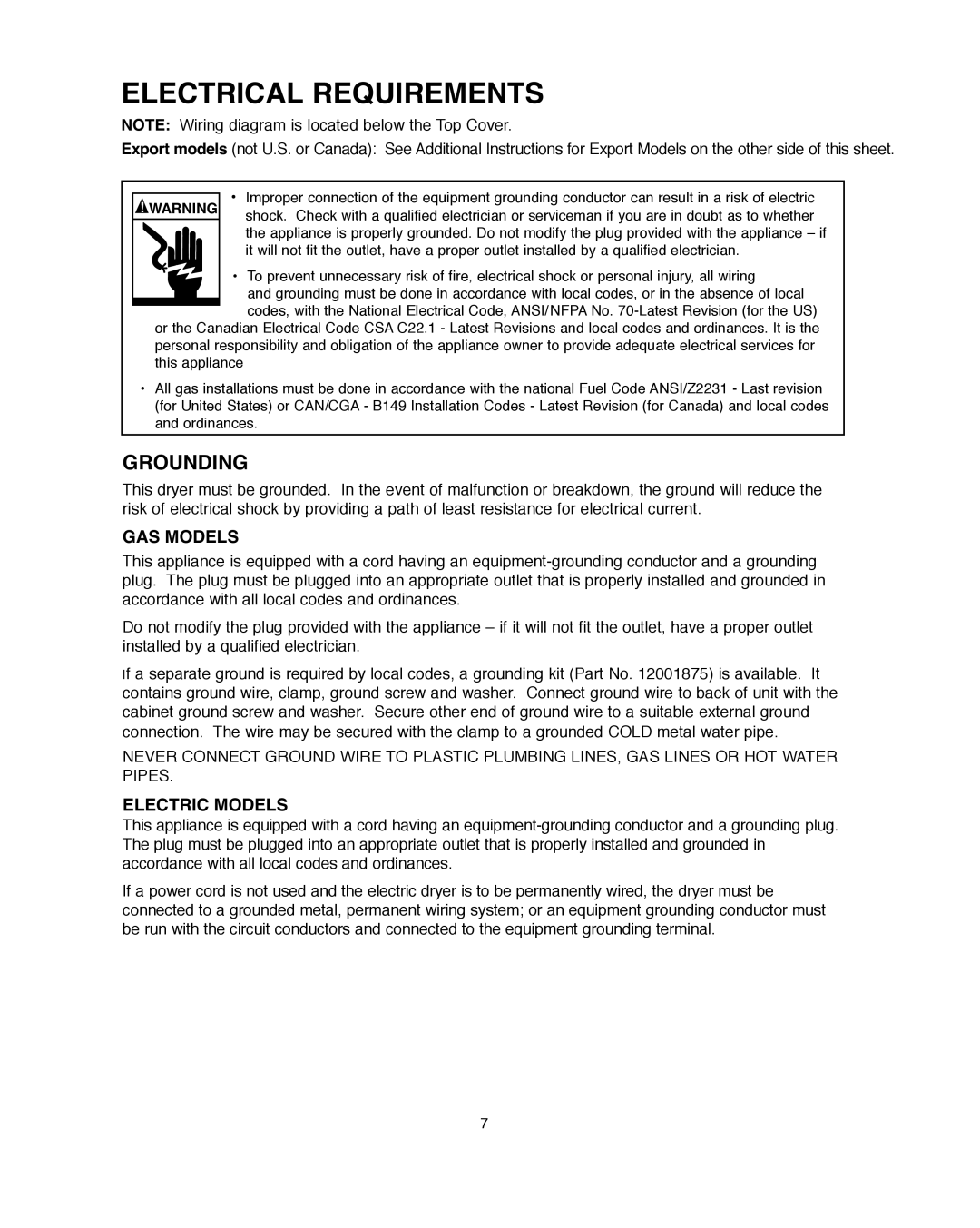 Univex NED7200TW installation instructions Electrical Requirements, Grounding, GAS Models, Electric Models 