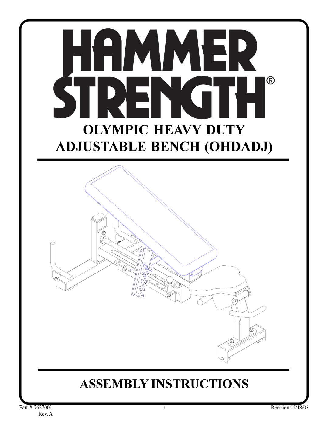 Univex OHDADJ manual Olympic Heavy Duty Adjustable Bench Ohdadj 