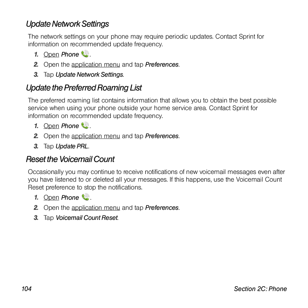 Univex p100eww manual Update Network Settings, Updatethe Preferred Roaming List, Reset the Voicemail Count 