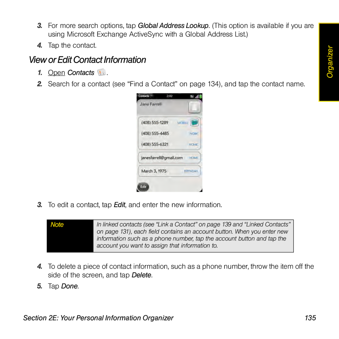 Univex p100eww manual View or Edit Contact Information, Your Personal Information Organizer 135 