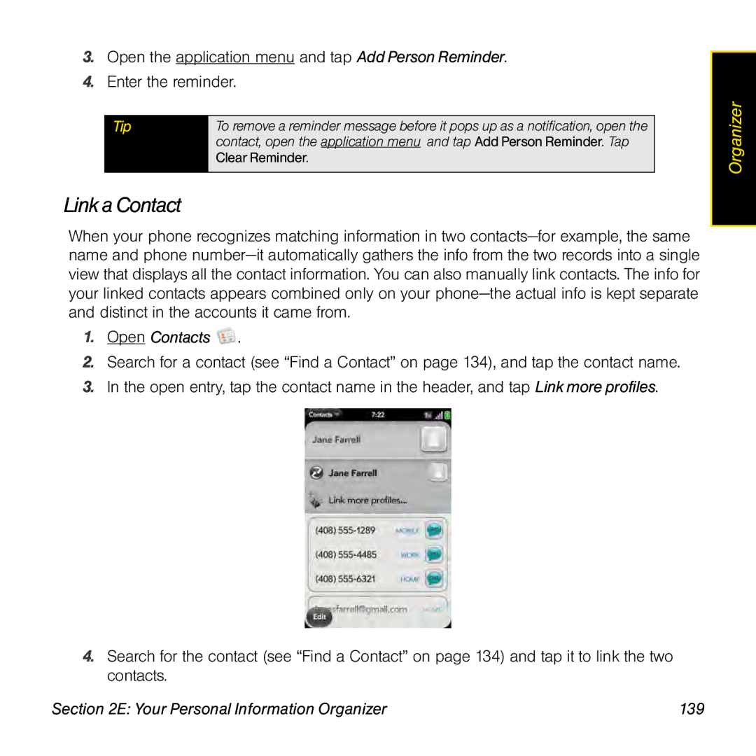 Univex p100eww manual Link aContact, Your Personal Information Organizer 139 