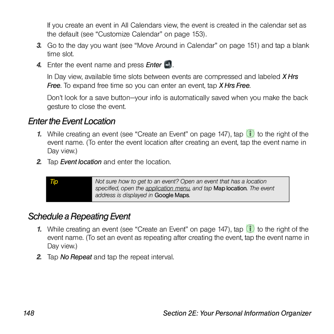 Univex p100eww manual Enter the Event Location, Schedule a Repeating Event, 148 