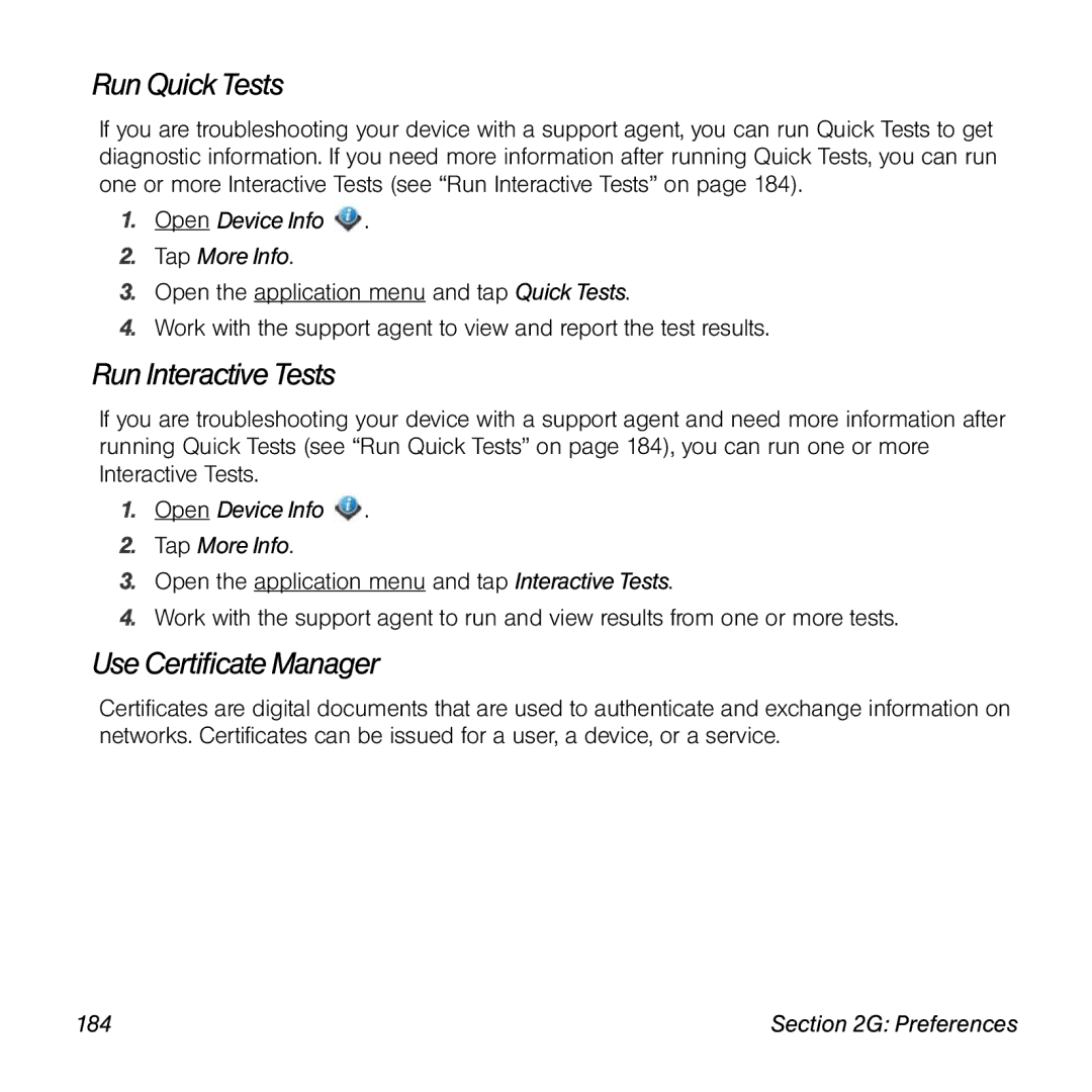 Univex p100eww manual Run QuickTests, Run InteractiveTests, UseCertificate Manager, Open Device Info Tap More Info, 184 