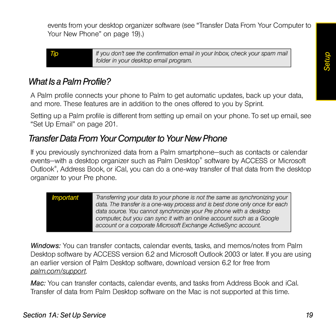 Univex p100eww manual What Is a Palm Profile?, Transfer DataFrom YourComputer to Your New Phone 