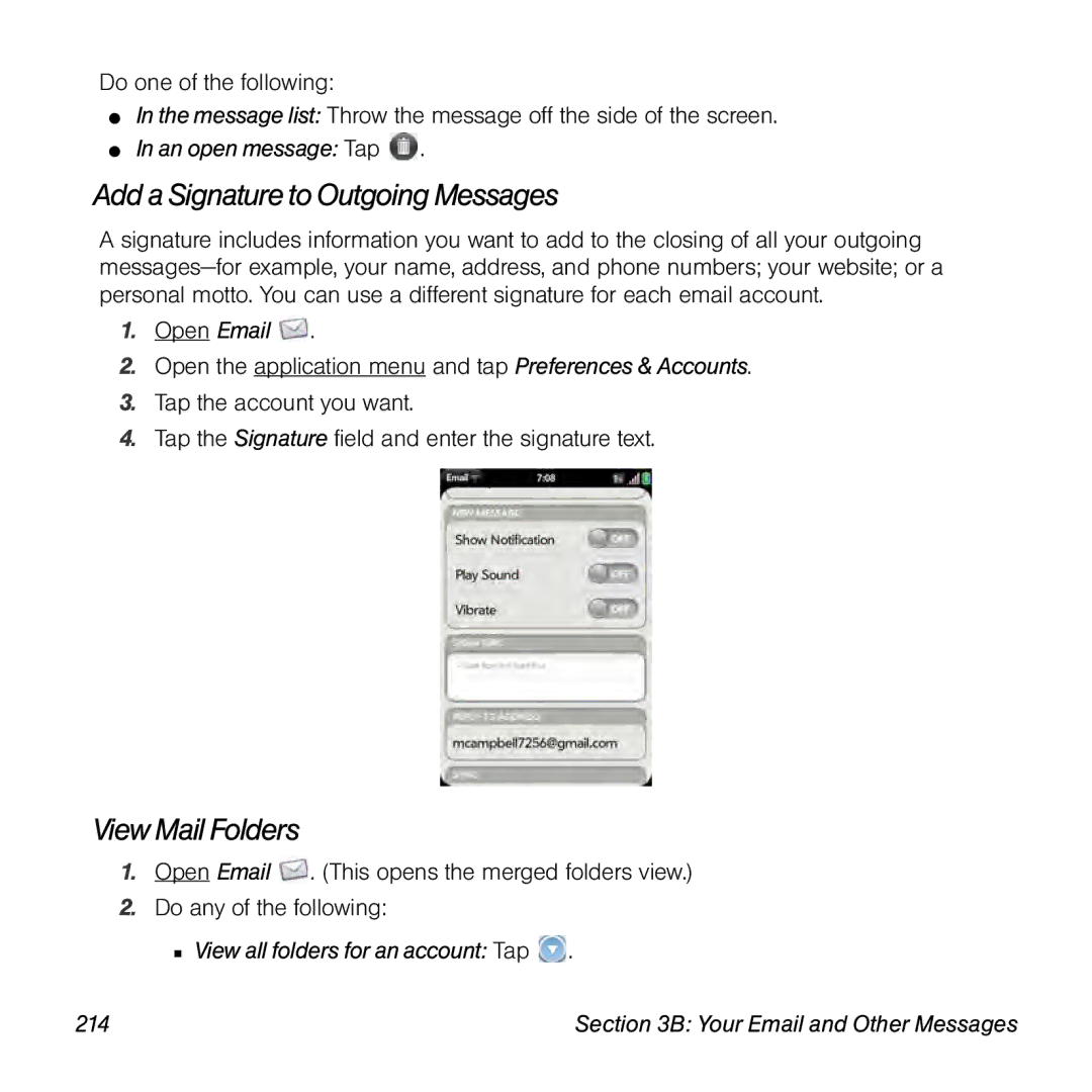 Univex p100eww manual Add a Signatureto Outgoing Messages, View Mail Folders, An open message Tap 