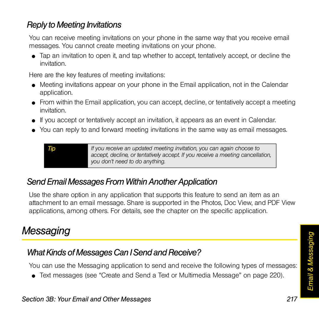 Univex p100eww manual Messaging, Reply to Meeting Invitations, Send Email Messages From Within Another Application 