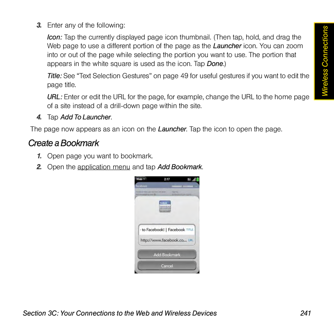 Univex p100eww manual Create a Bookmark, Tap Add To Launcher, Your Connections to the Web and Wireless Devices 241 